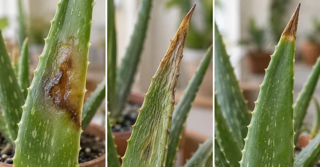 Soft dry and brown tipped Aloe vera leaves comparison