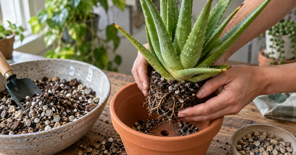 Repotting Aloe vera in well draining succulent soil