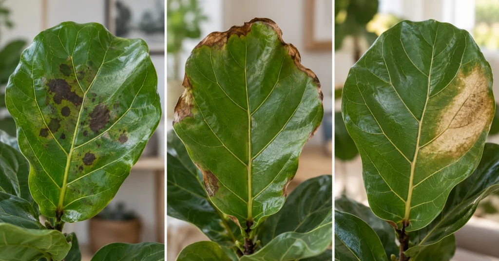 Different types of brown spots on fiddle leaf fig leaves