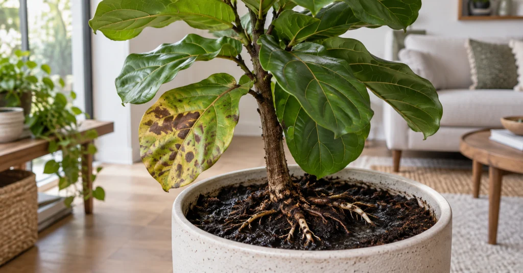 Fiddle leaf fig brown spots from wet soil and root stress