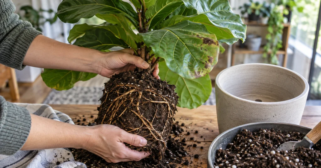 Repotting a fiddle leaf fig with brown spots