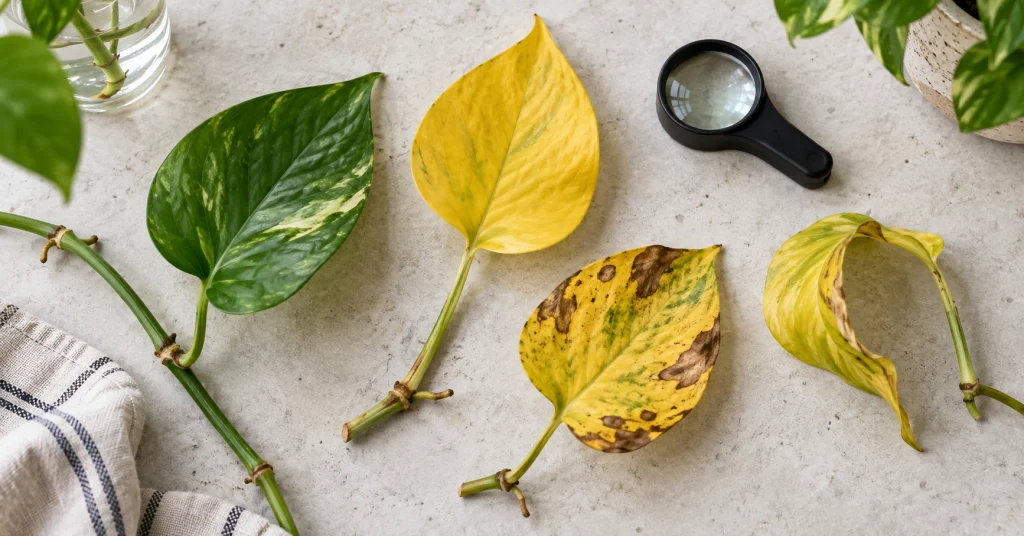 Pothos leaves showing yellowing brown spots and curling