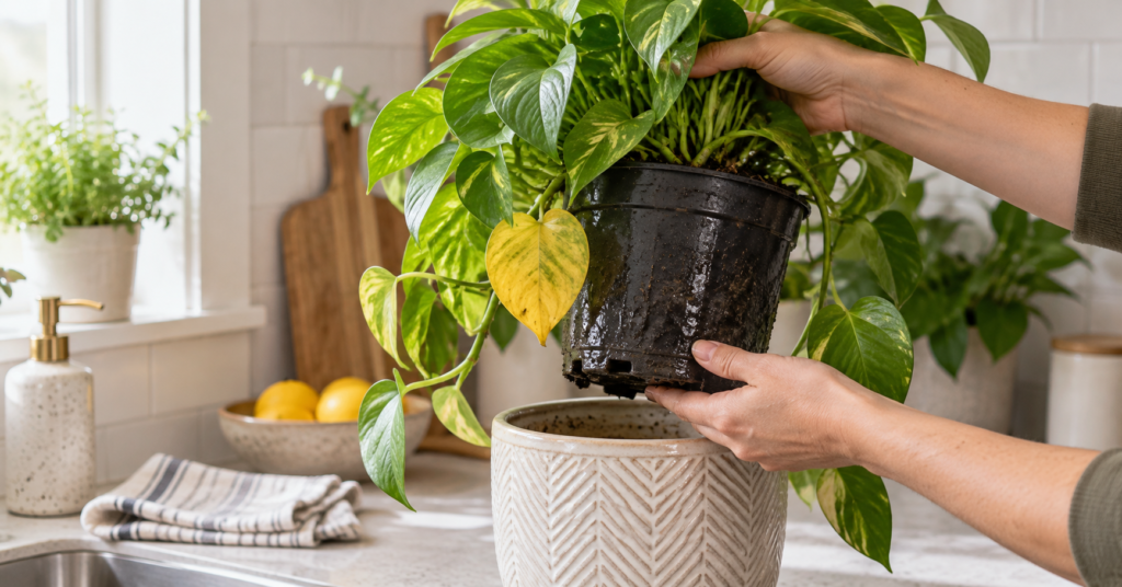 Overwatered pothos with yellow leaves and wet soil