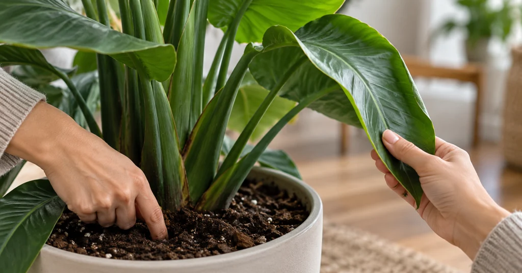 Checking a Bird of Paradise plant for curling leaf causes