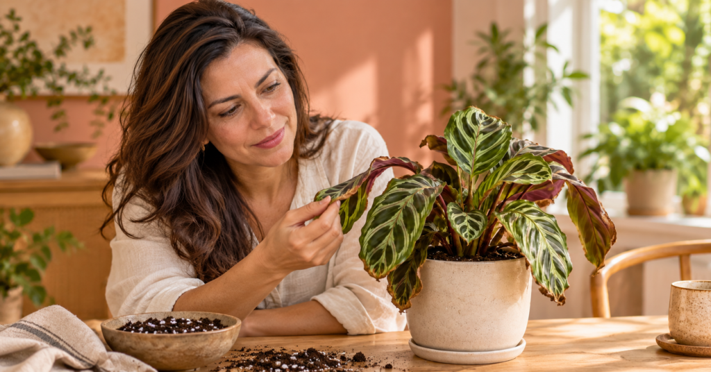 Woman checking a drooping Calathea after repotting