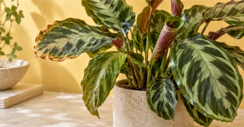 Calathea leaves showing curling, drooping and crispy brown edges