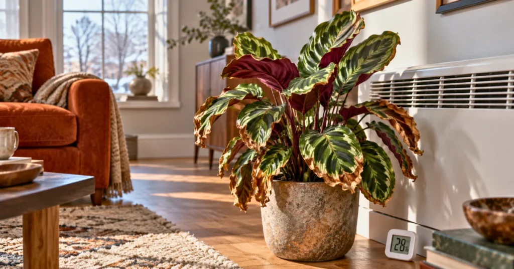 Calathea with crispy leaves near dry indoor heating