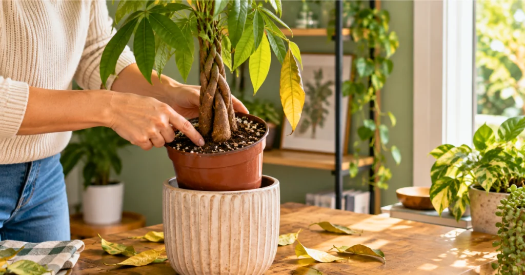 Checking soil and drainage on a money tree that is dropping leaves