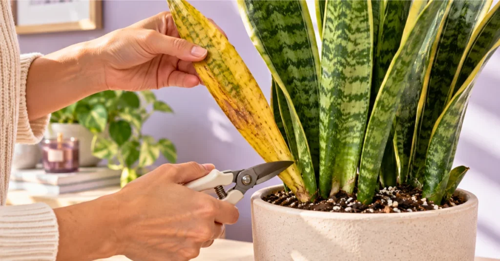 Cutting a fully yellow snake plant leaf near the soil line