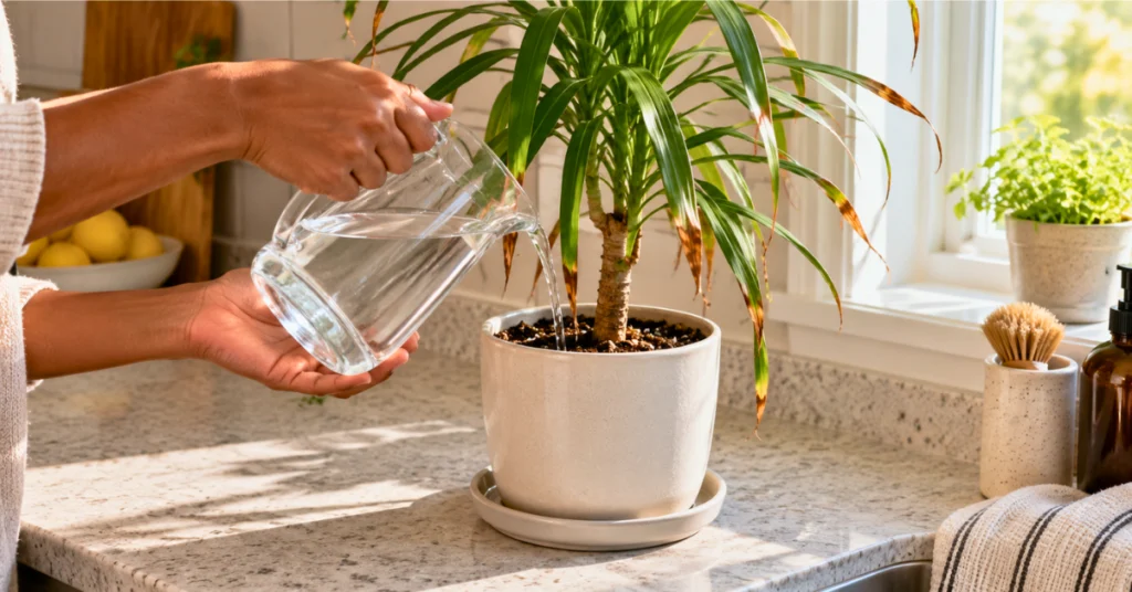 Dracaena plant being cared for in bright indirect light near a sunny window