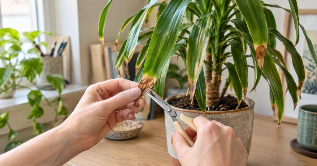 Person carefully trimming brown tips from dracaena leaves with scissors