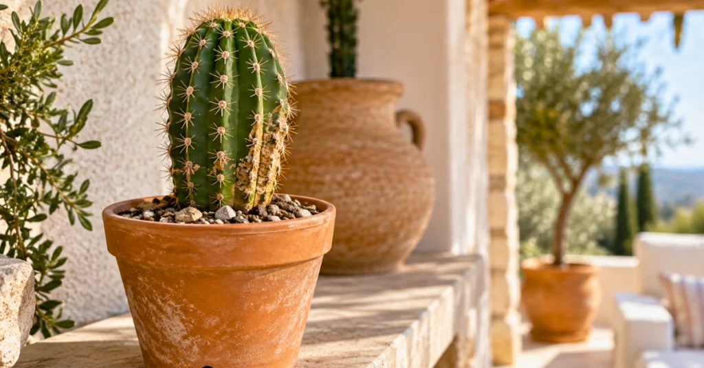 Healthy cactus in a terracotta pot with fast-draining soil