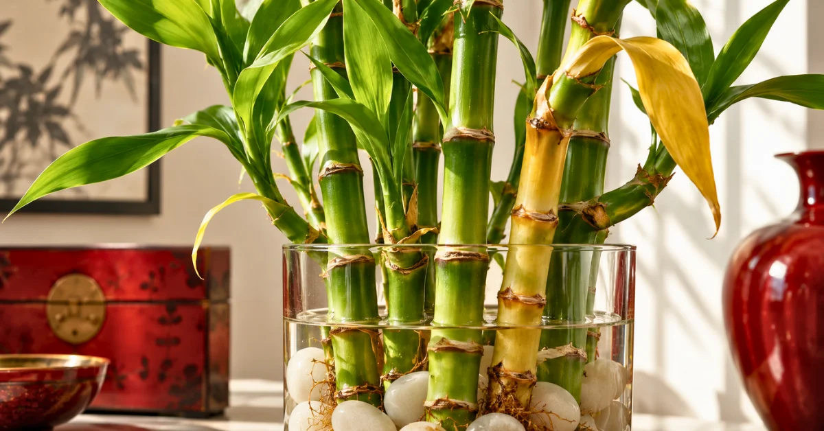 Lucky bamboo dying with yellow leaves and one yellowing stalk in a glass vase