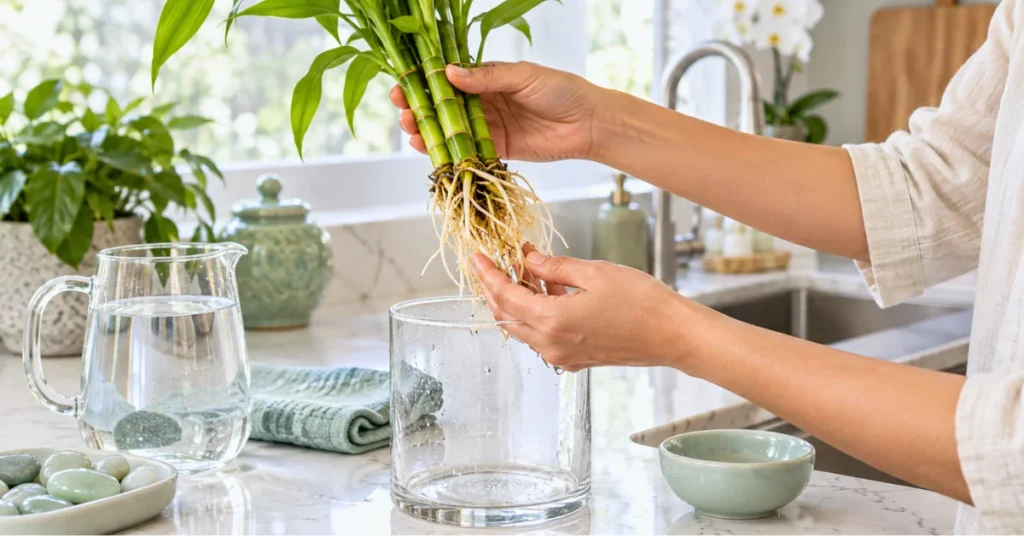 Cleaning lucky bamboo roots and refreshing the water in a glass container