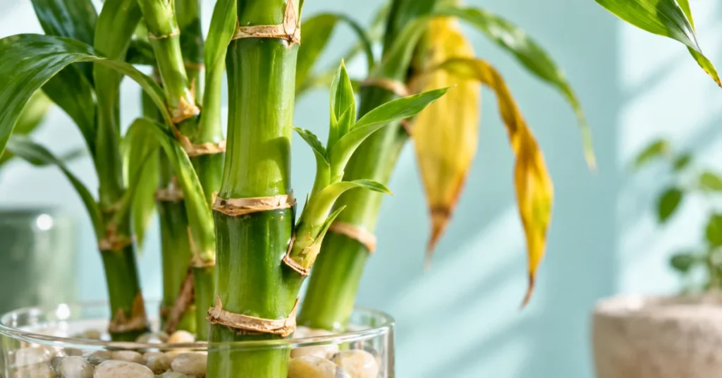 Healthy new shoot growing from a recovering lucky bamboo stalk