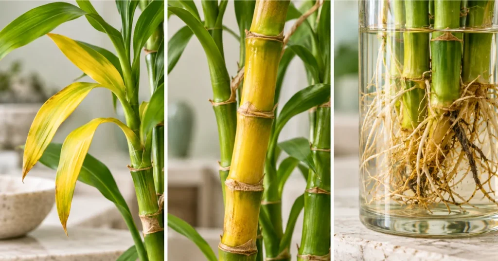 Lucky bamboo symptoms showing yellow leaves, a yellow stalk, and healthy roots
