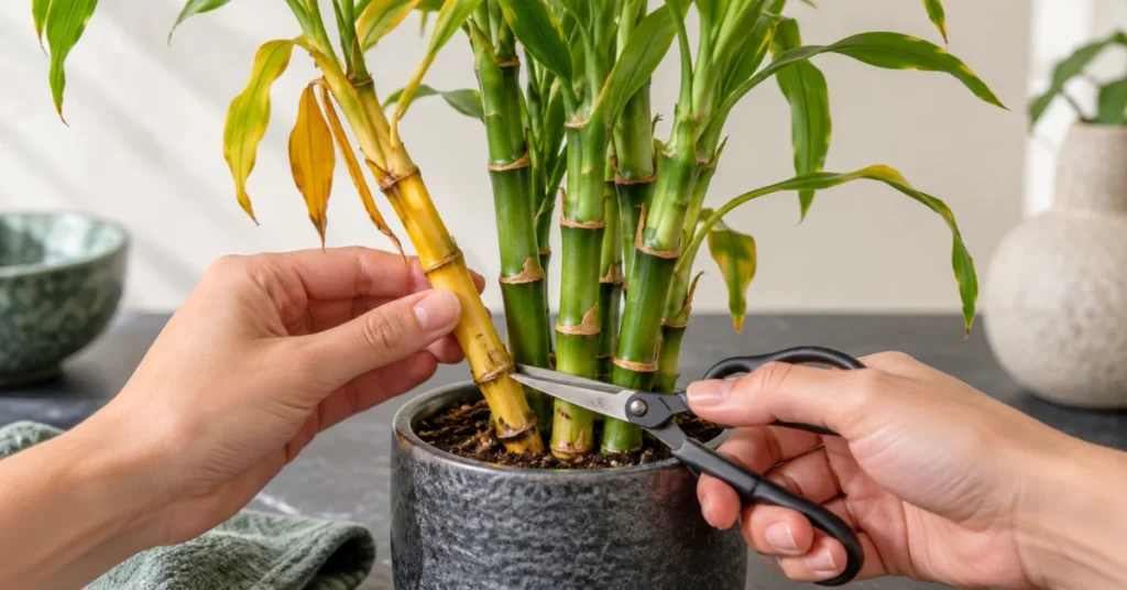 Pruning a damaged yellow lucky bamboo stalk while preserving healthy green canes