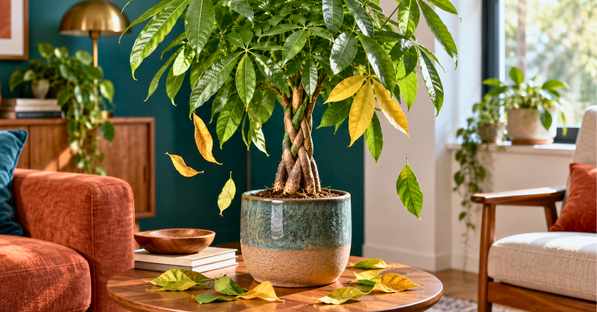 Money tree dropping leaves indoors with fallen leaves around the pot