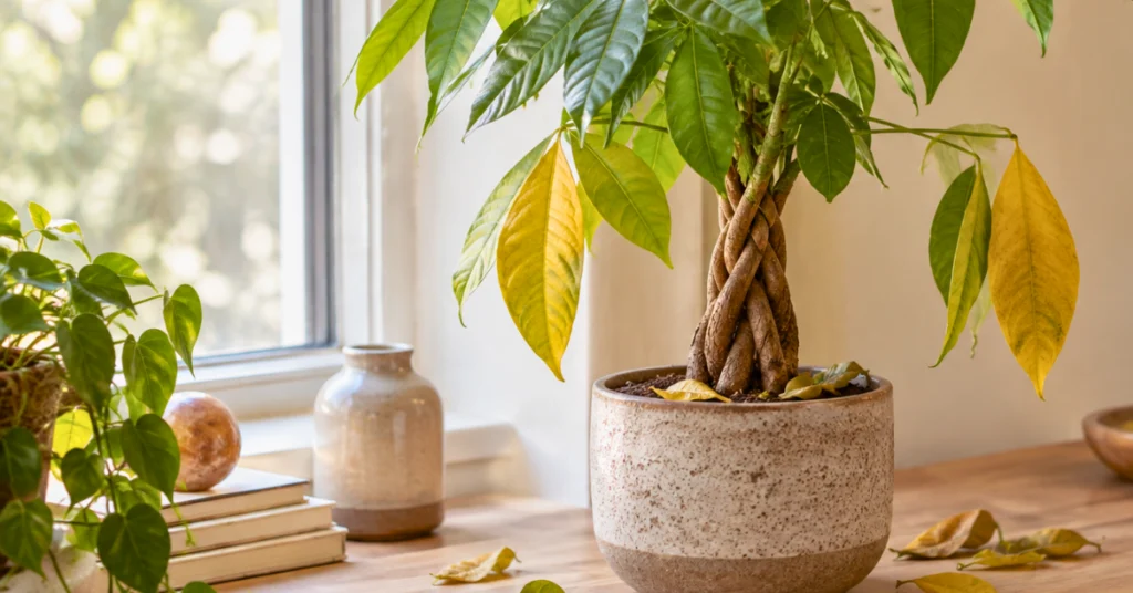 Close-up of a money tree with yellowing leaves and leaves dropping onto the soil