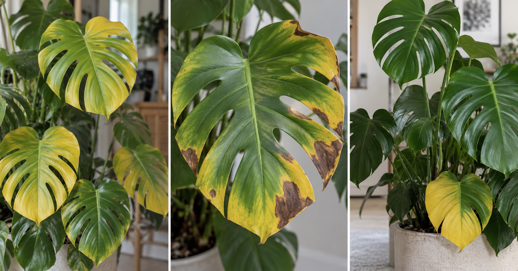 Different patterns of yellow leaves on Monstera
