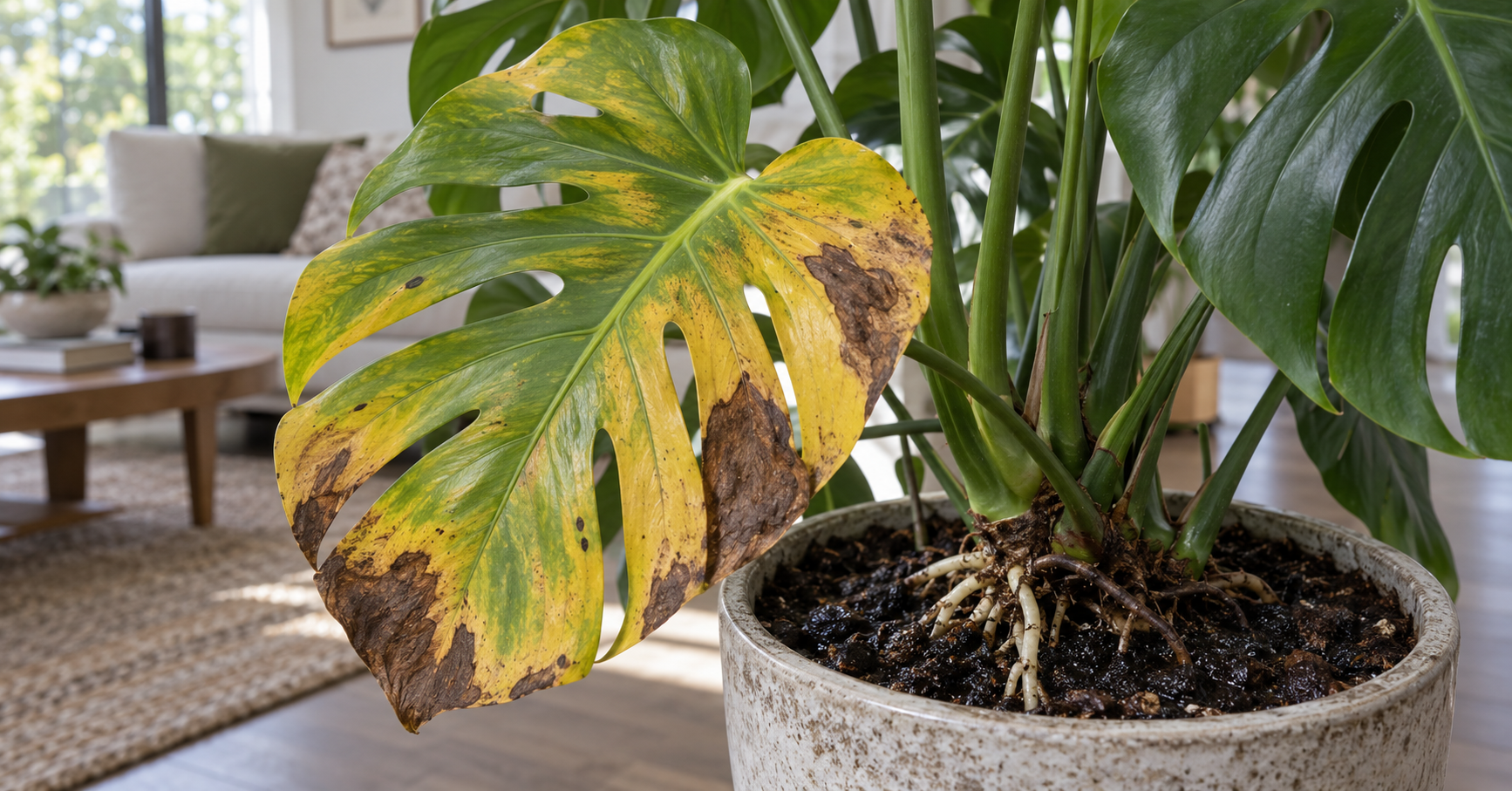 Monstera leaves turning yellow and brown from root stress
