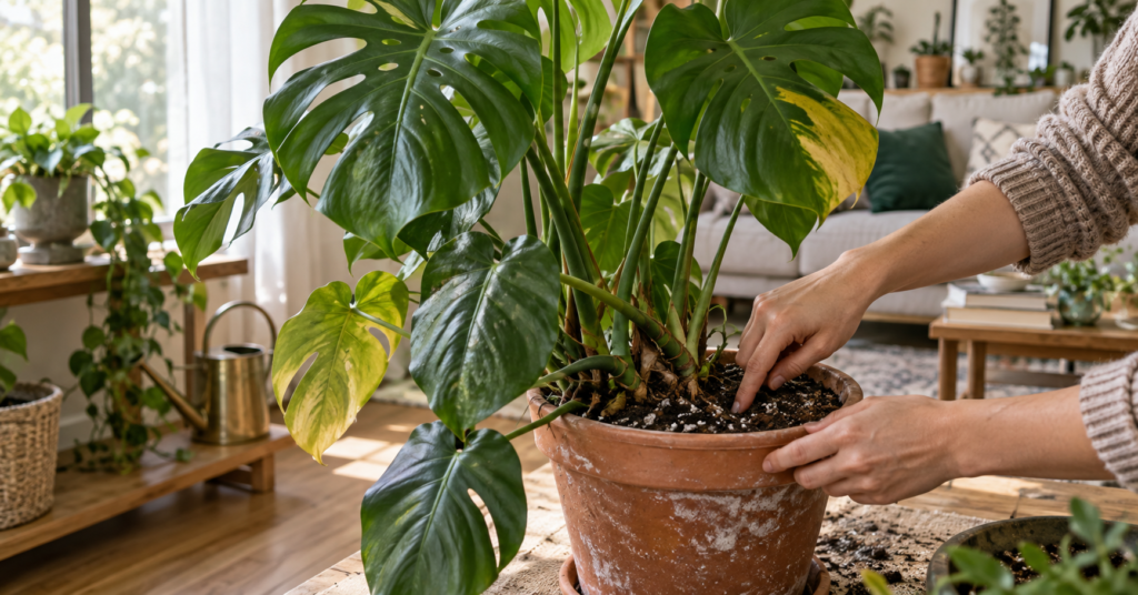 Checking soil moisture on a Monstera with yellow leaves