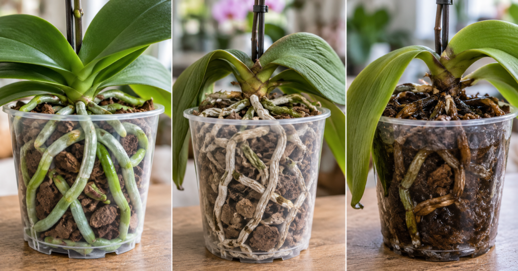 Healthy dry and damaged orchid roots with drooping leaves