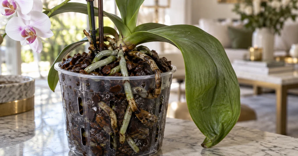 Drooping orchid leaves with wet potting mix and damaged roots
