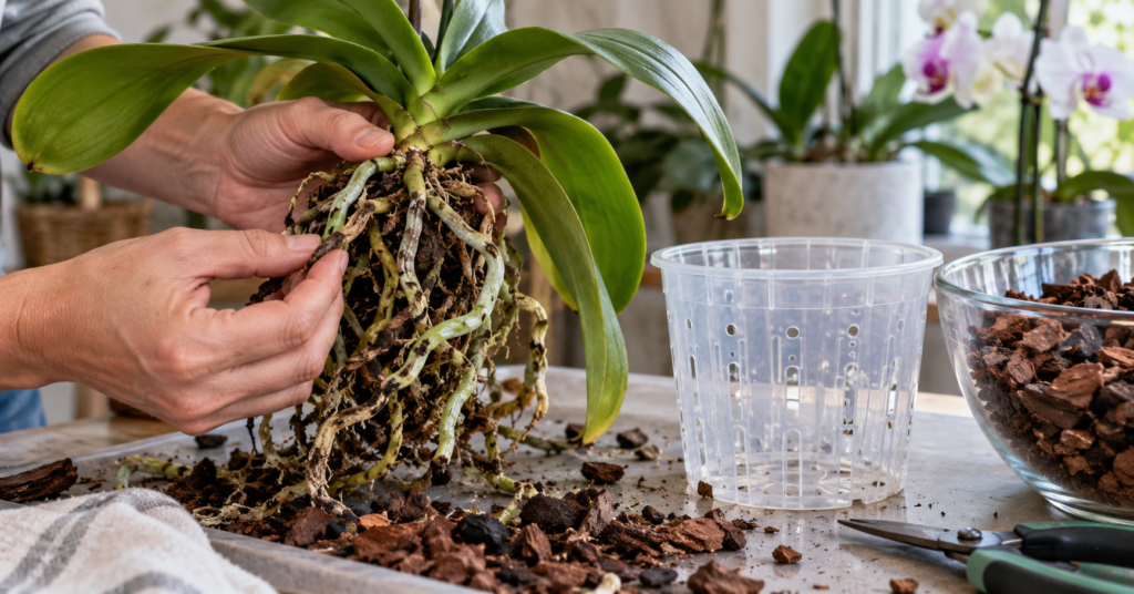 Repotting an orchid with drooping leaves in fresh orchid bark