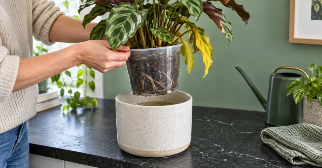 Checking a Calathea pot for excess water and root problems