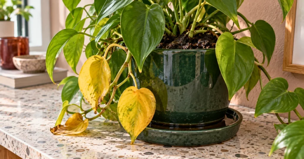 Overwatered philodendron with wet soil and soft yellow lower leaves