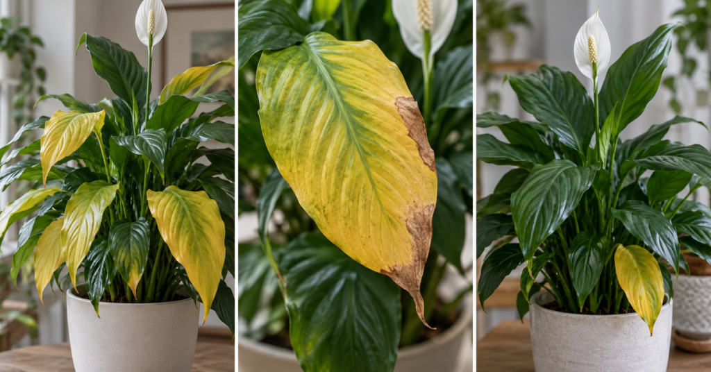 Different patterns of yellow Peace Lily leaves