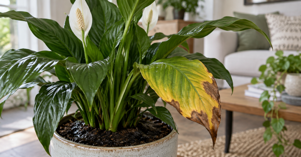 Peace lily leaves turning yellow and brown