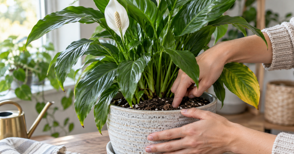 Checking soil moisture on a Peace Lily with yellow leaves
