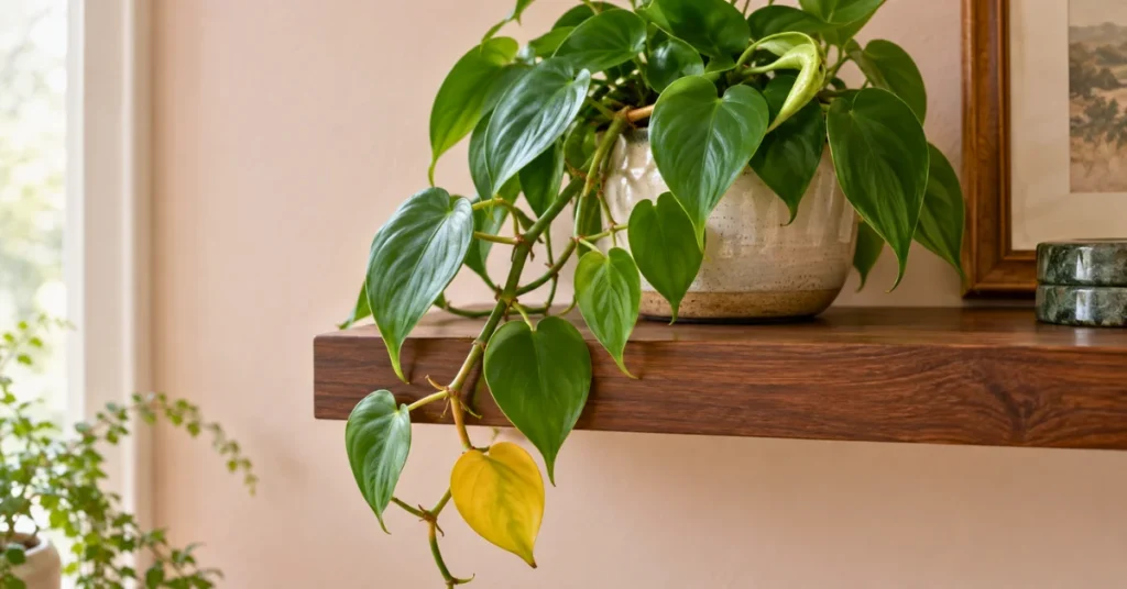 Older yellow philodendron leaf below healthy new green growth