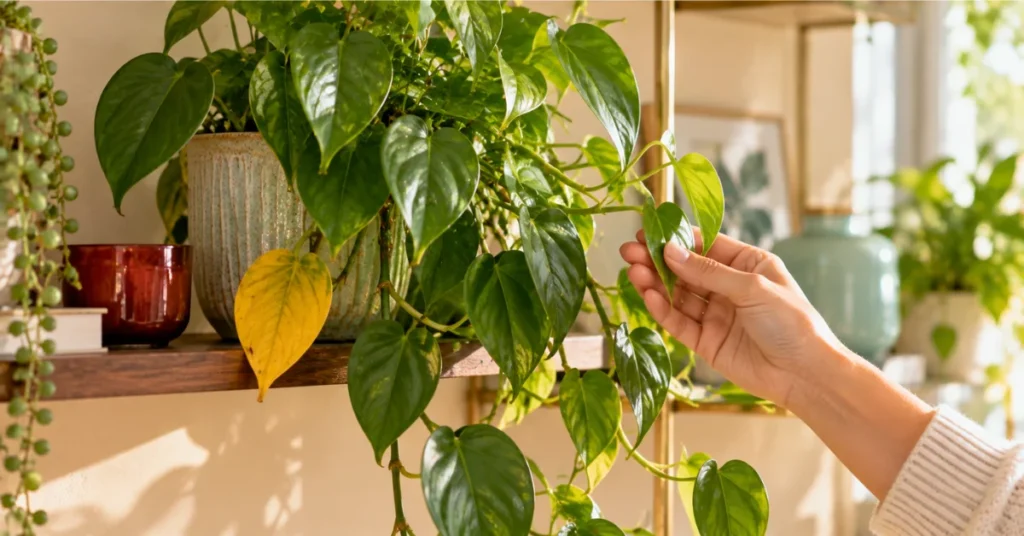 Healthy new philodendron growth after yellow leaf problems