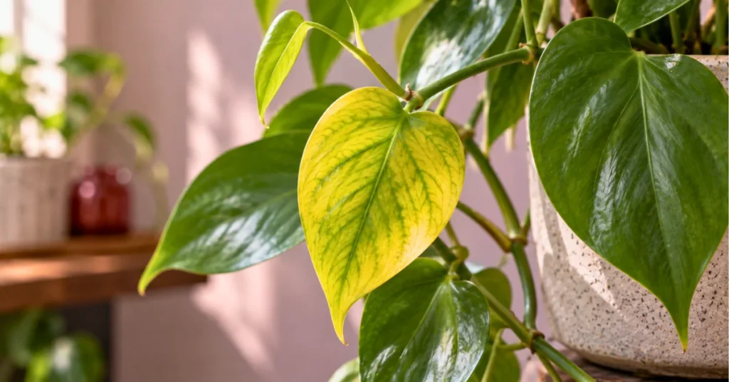 Philodendron leaf with yellow tissue and greener veins
