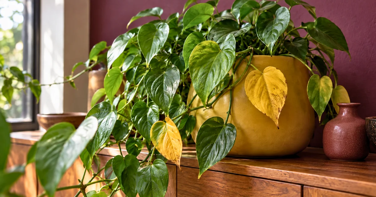 Philodendron yellow leaves among healthy green trailing foliage