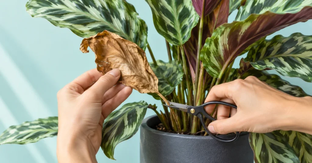 Removing a completely dry crispy leaf from a Calathea