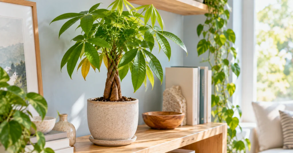 Recovering money tree with healthy new growth after leaf drop