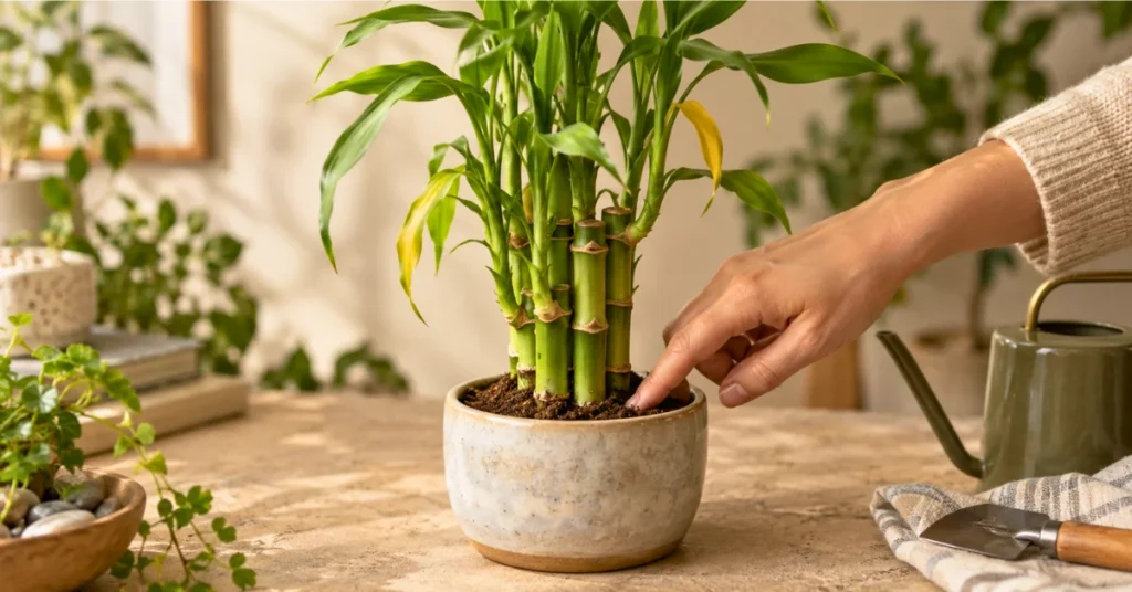 Checking soil moisture on a lucky bamboo plant growing in a pot