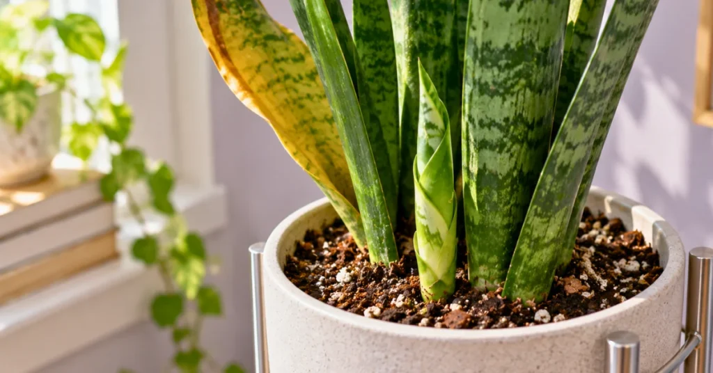 Healthy new snake plant growth appearing after yellow leaf problems