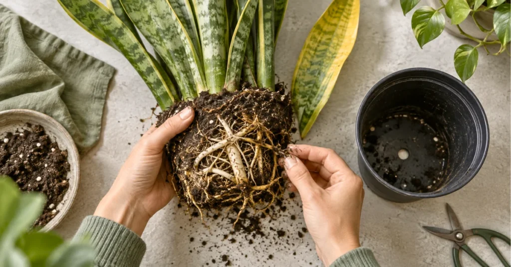 Inspecting snake plant roots for overwatering and root rot