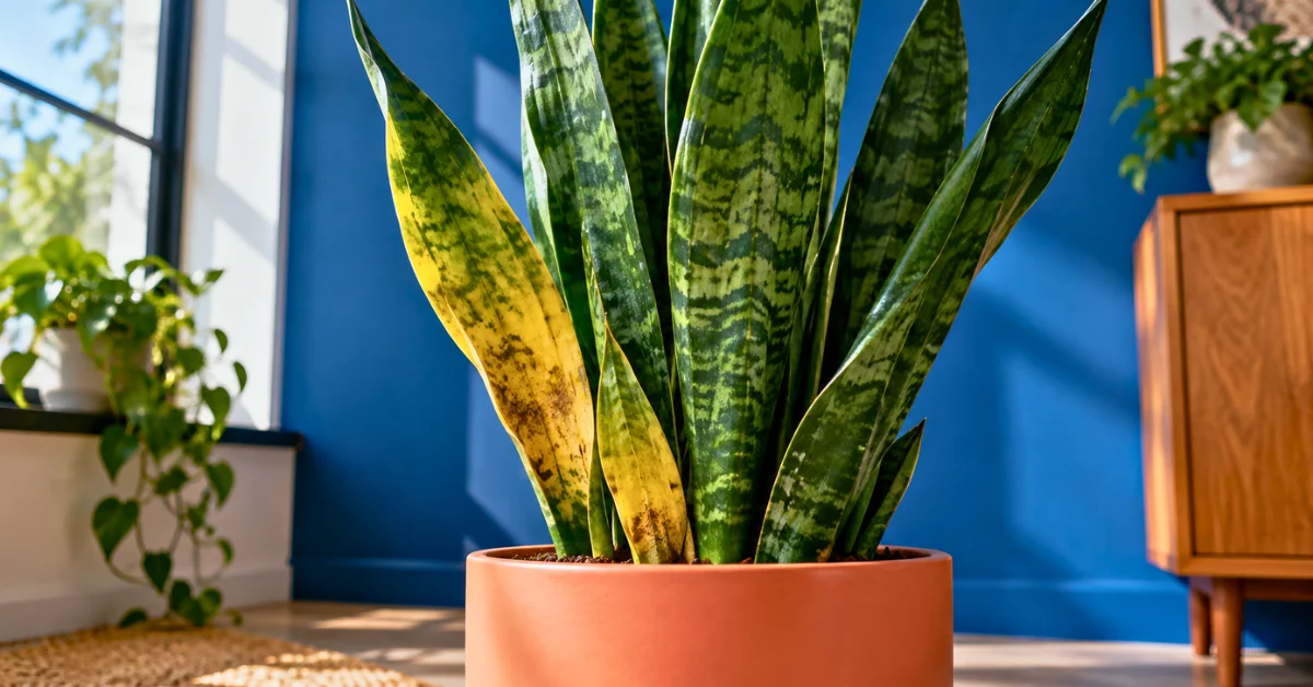 Snake plant turning yellow with stressed yellow leaves among healthy green foliage