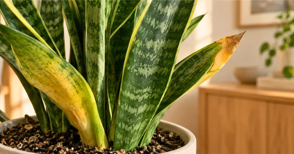 Close-up of yellowing snake plant leaves showing different leaf textures