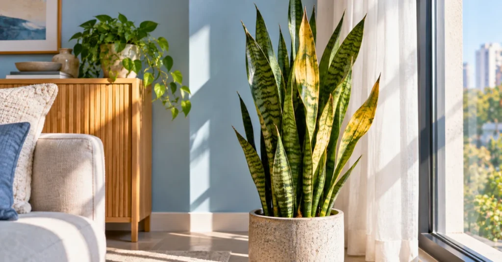 Snake plant with yellow sun-stressed leaves beside a bright window