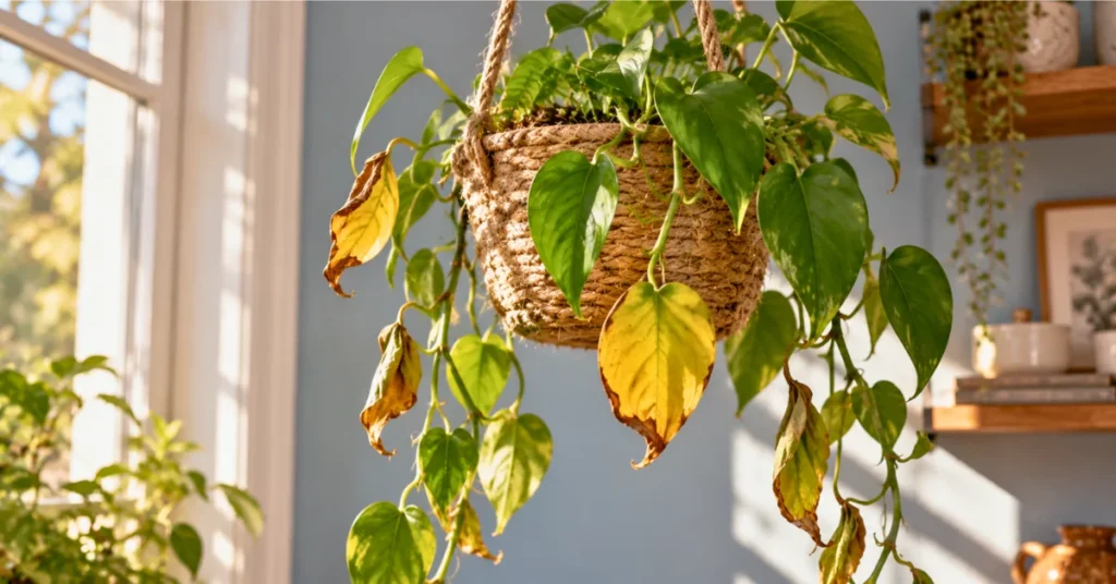 Underwatered philodendron with dry yellow leaves and crispy brown edges