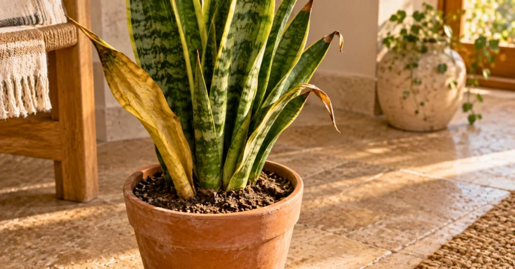 Underwatered snake plant with dry soil and crispy yellowing leaves